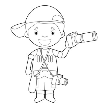 Easy coloring cartoon vector illustration of a photographer.