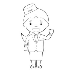 Easy coloring cartoon vector illustration of a stewardess.