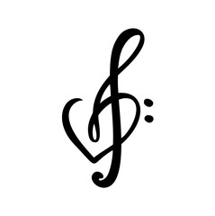 Hand drawn Love Music vector Logo treble clef and heart. Isolated on the white background