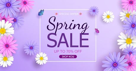 Spring Sale Banner background with beautiful colorful flowers are blooming. And use it as a banner or placard.And is used as an illustration or backdrop.