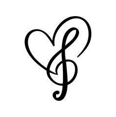 Music key and heart abstract hand drawn vector logo and icon. Musical theme flat design template. Isolated on the white background © timonko