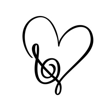 Hand drawn Love Music vector Logo treble clef and heart. Isolated on the white background