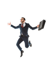 Fototapeta na wymiar happy businessman with briefcase jumping and smiling isolated on white
