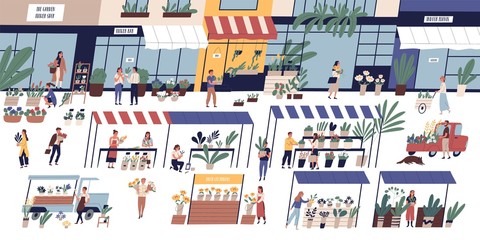 Outdoor flower market with happy tiny people or customers walking among stalls, florists selling bouquets and potted plants, floristic shops or stores. Flat cartoon colorful vector illustration.