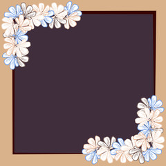 Layout for greeting card text. Square frame of beige color with a garland of leaves of flowers on a dark background with a copy space