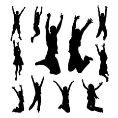 Set of black silhouette of jumping people on white background.