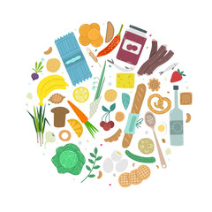 Paleo food circle concept. Healthy diet illustraion made in handdrawn rough style.