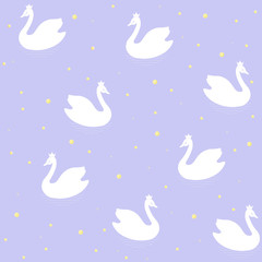 Swans. Seamless vector pattern of cartoons white birds on a colored background with golden confetti.