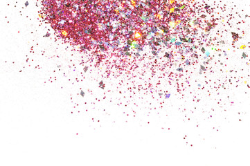 Purple glitter sparkles on white background. Beautiful abstract backdrop for vip design, fashion, make up, nail art, shopping, cards design, beauty concept