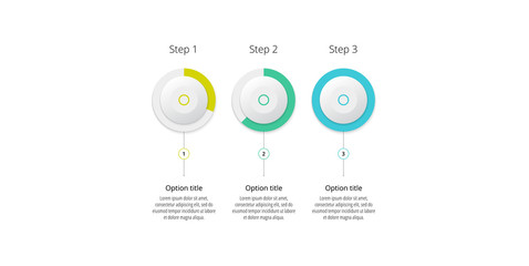 Business process chart infographics with 3 step circles. Circular corporate workflow graphic elements. Company flowchart presentation slide template. Vector info graphic design.