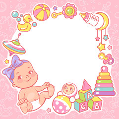 Baby shower design template. Baby girl with toy frame.