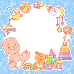 Baby shower design template. Baby boy with toy frame.