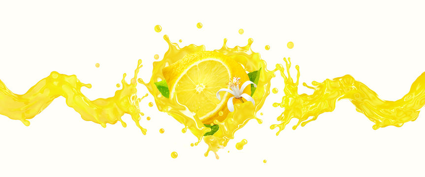 Fresh ripe lemon fruit slice and lemon juice or lemonade splash swirl. Juice splashing, lemon juice label. Liquid healthy detox drink tropical citrus fruit design element. 3D render