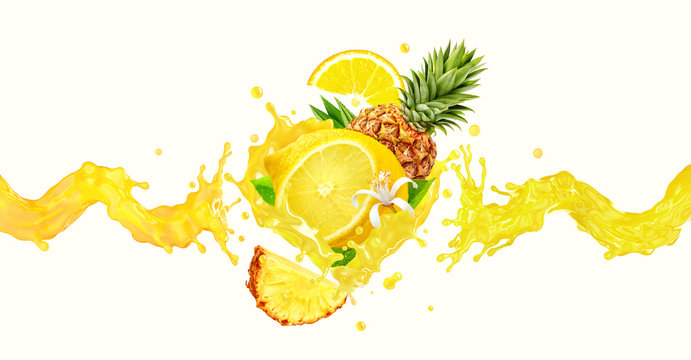 Healthy lemon and pineapple fruit juices liquid splashes. Ripe fruits juice splashing together - pineapple, lemon juice in two colorful splashes. Detox drink label design element. 3D