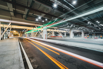 bus light trail in parking