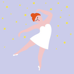 Fototapeta na wymiar Happy plus size dancing girl. Body positive concept vector illustration.