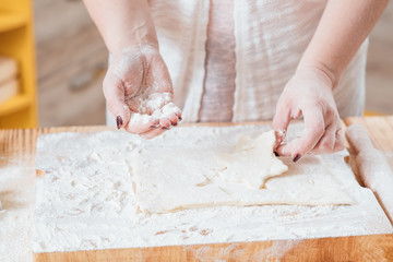 Bakery food and pastry cooking class. Closeup of female hands using flour to make star shaped gingerbread biscuit.