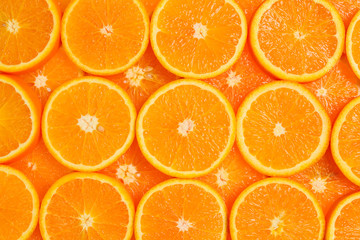Slices of oranges as a background, top view.