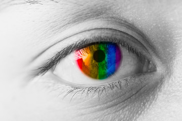 Colors Eyes Vision concept, LGBT rainbow colorful pupil closeup macro