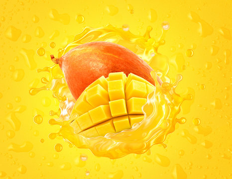 Fresh ripe mango, slice and mango juice splash swirl on drops background.  Healthy food or tropical fruit drink. Tasty juicy mango smoothie drink  splash, healthy diet concept. 3D render Stock Illustration |