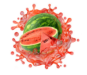 Naklejki  Fresh ripe watermelon with watermelon slice and juice or smoothie splash swirl. Tasty juice splashing, watermelon blended smoothie isolated. Liquid healthy food, drink fruit design. 3D