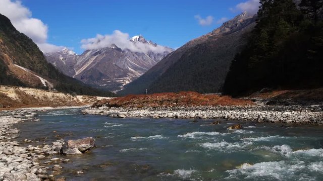 River from ice melt on mountain Landscape view at Lachung, clear weather day time, Sikkim,India, Zoom out.