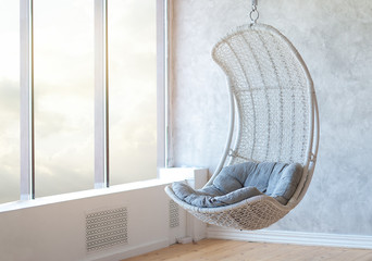 relax concept with hammock chair in room. Leisure scene with hammock chair with window. Cozy place...