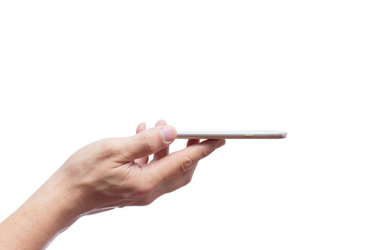 Male Hand With Smartphotne Screen Face Up Side View Isolated On White Background