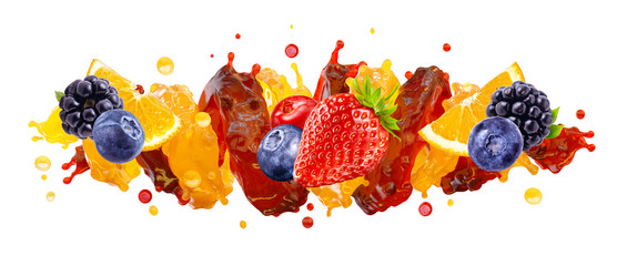 Fresh ripe orange, blackberry, strawberry, raspberry, blueberry, cranberry juice mix splash swirl with strawberry, blueberry, blackberry, raspberry. Orange berry juice splash with forest fruits. 3D