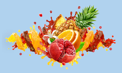 Orange, pineapple, pomegranate fruit juice liquid splash mix. Healthy fruits juice or smoothie splash label ad banner design with orange, pineapple fruits mix and juice splash wave. 3D