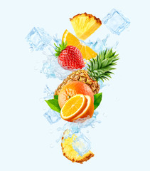 Fototapeta na wymiar Fresh cold pure flavored ice water with strawberry, oranges, pineapple splash. Clean infused water wave splash with orange, strawberries. Healthy flavored drink splash with ice cubes. 3D
