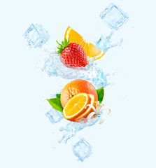 Fresh cold pure flavored ice water with strawberry and orange wave splash. Clean infused water wave splash with berries. Healthy flavored detox drink splash concept with ice cubes. 3D