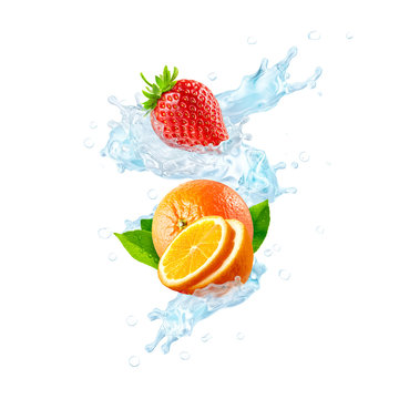 Fresh cold pure flavored water with orange, strawberry, orange slices wave splash. Clean infused water wave splash with citrus fruit, strawberry. Healthy flavored detox drink splash. 3D © Corona Borealis