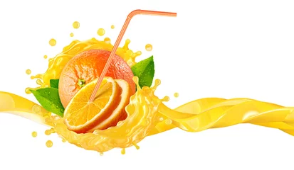 Fototapete Saft Fresh ripe orange, orange slice with drinking straw and juice or smoothie splash wave. Tasty juice splashing, orange juice isolated. Healthy drink tropical fruit label design element. 3D  © Corona Borealis