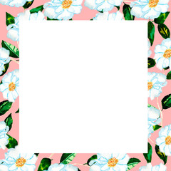 Retro postcard with floral frame (white flowers). Vintage watercolour