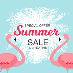 Fototapeta premium Summer Sale concept with Colorful Cartoon Pink Flamingo Background. Vector Illustration