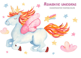 Watercolor cute cartoon romantic unicorn. Illustration on white background for children, baby shower, posters, cards, invitations, weddings, greeting cards.
