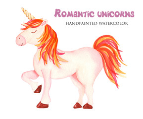 Obraz na płótnie Canvas Watercolor cute cartoon romantic unicorn. Illustration on white background for children, baby shower, posters, cards, invitations, weddings, greeting cards.
