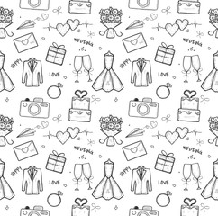 Seamless background. Seamless texture of wedding dress, cake, ring, bouquet. Wedding set.Vector graphics. Freehand drawing. Eps