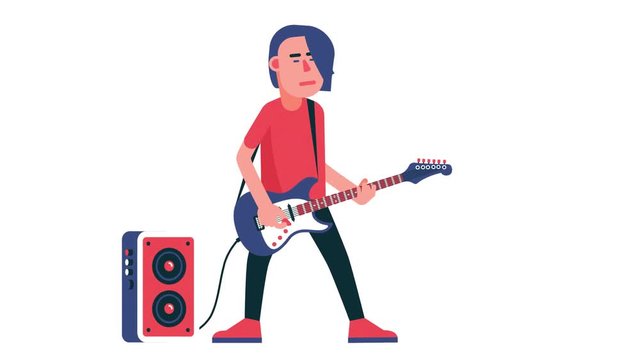 Guitar player cartoon. Rock musician with electric guitar. Looped video with alpha channel.
