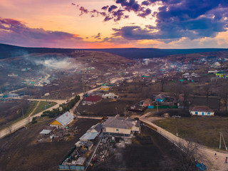 Beautiful sunset village,  Aerial view, Moldova 2019