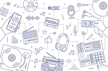 Monochrome horizontal banner template with hands and devices for music playing, recording and listening drawn with contour lines on white background © Good Studio