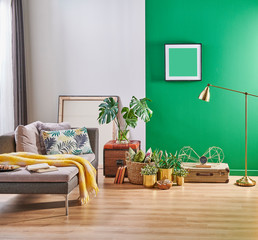 Green and white wall background with grey sofa vase of plant gold accessory and carpet area.