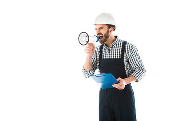angry foreman screaming in megaphone while holding clipboard isolated on white