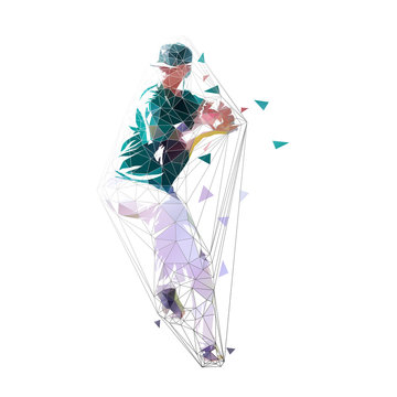 Baseball player, pitcher throwing ball, low poly isolate vector illustration. Geometric drawing