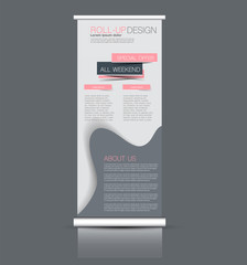 Roll up banner stand template. Abstract background for design,  business, education, advertisement. Vector  illustration. Pink and grey color.