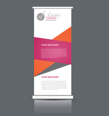 Roll up stand design. Vertical banner template. Vector illustration. Pink and orange color.