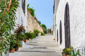 Fototapeta na wymiar View of one of the streets with stairs of the historic nucleus of Cadaques, Catalonia, Spain
