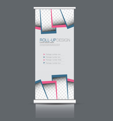 Roll up stand design. Vertical banner template. Vector illustration. Blue and pink color.