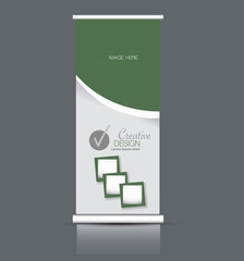 Roll up stand design. Vertical banner template. Vector illustration. Green color.